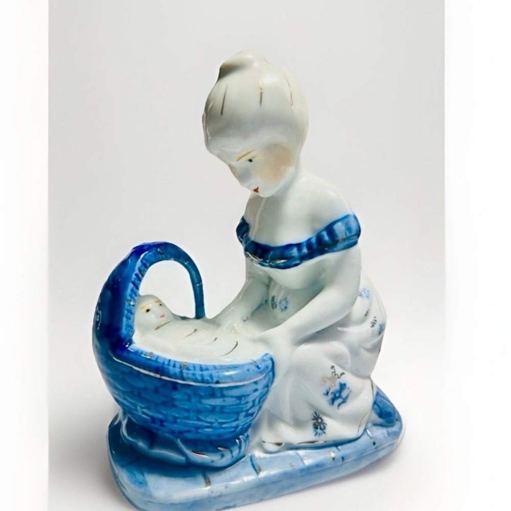 Vintage Decor Fine Porcelain Figurine Mother & Baby Cradle Cobalt Blue White NOS